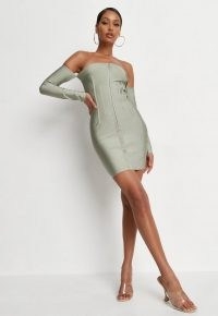 MISSGUIDED sage bandage zip front bandeau mini dress – green bardot bodycon