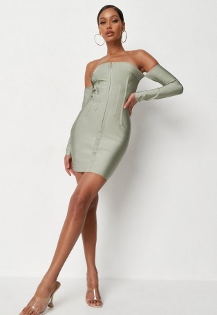 MISSGUIDED sage bandage zip front bandeau mini dress – green bardot bodycon - flipped