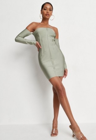 MISSGUIDED sage bandage zip front bandeau mini dress – green bardot bodycon