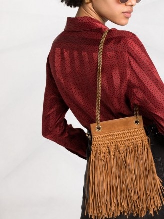 Saint Laurent small Grace fringed shoulder bag ~ brown boho style fringe bags - flipped