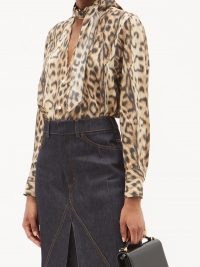 VICTORIA BECKHAM Sash-neck leopard-print georgette blouse ~ glamorous brown animal blouses