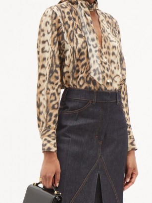 VICTORIA BECKHAM Sash-neck leopard-print georgette blouse ~ glamorous brown animal blouses - flipped