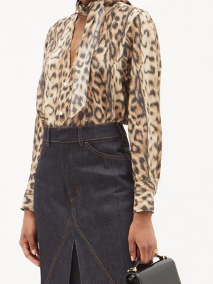 VICTORIA BECKHAM Sash-neck leopard-print georgette blouse ~ glamorous brown animal blouses