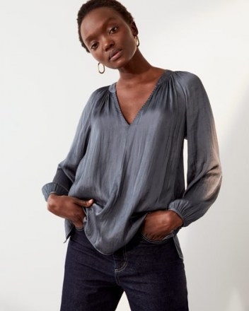 JIGSAW SATIN GATHERED BLOUSE SEAWEED ~ fluid fabric V-neck blouses - flipped
