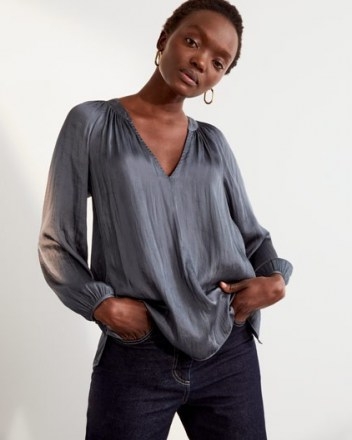 JIGSAW SATIN GATHERED BLOUSE SEAWEED ~ fluid fabric V-neck blouses