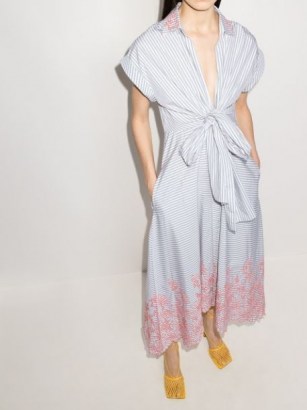 Silvia Tcherassi Rigone striped embroidered midi-dress / plunging tie front summer dresses - flipped