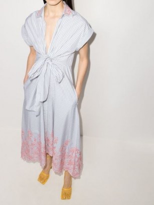 Silvia Tcherassi Rigone striped embroidered midi-dress / plunging tie front summer dresses