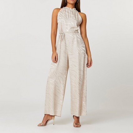 RIVER ISLAND Stone halter jacquard jumpsuit / halterneck all-in-one with zebra stripes and self tie waist - flipped