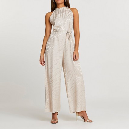 RIVER ISLAND Stone halter jacquard jumpsuit / halterneck all-in-one with zebra stripes and self tie waist