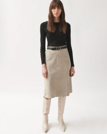 JIGSAW SUEDE MIDI SKIRT in Light Taupe ~ luxe A-line skirts - flipped