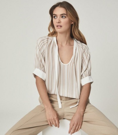 REISS SYDNEY STRIPED PUFF SLEEVE TOP WHITE/NUDE / stripe tie neck blouse - flipped