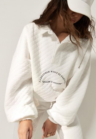 MISSGUIDED tall white co ord quilted health is wealth oversized polo shirt ~ sporty slogan tops - flipped