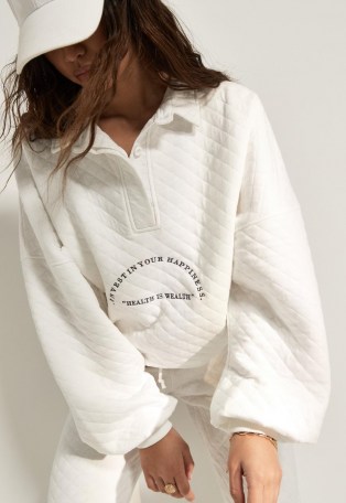 MISSGUIDED tall white co ord quilted health is wealth oversized polo shirt ~ sporty slogan tops