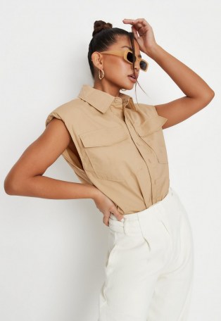 MISSGUIDED tan shoulder pad sleeveless shirt ~ light brown utility shirts - flipped
