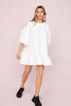 Nasty Gal Textured Crew Neck Puff Sleeve Mini Dress | white voluminous dresses