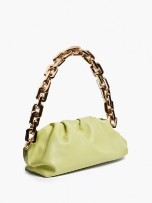 BOTTEGA VENETA The Chain Pouch green leather shoulder bag ~ luxe handbag with chunky gold strap - flipped