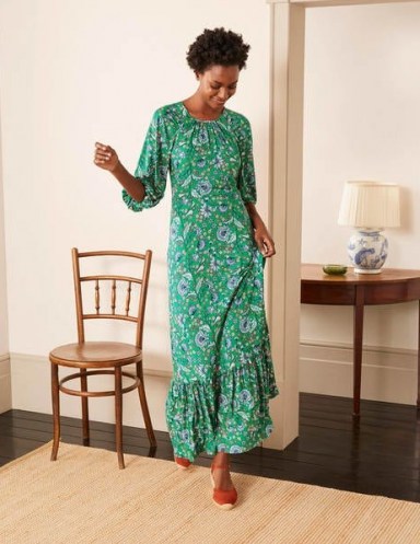 BODEN Tia Jersey Maxi Dress Sapling, Enchanted Garden / green long length frill hem dresses - flipped