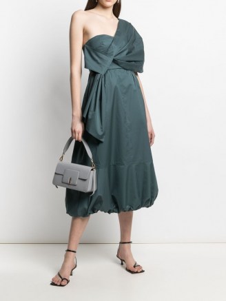 Tibi Eco one shoulder dress ~ green bubble hem dresses ~ asymmetric necklines - flipped