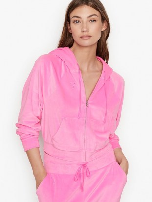 VICTORIA’S SECRET Velour Front-zip Hoodie – bright pink loungewear – zipped hoodies - flipped