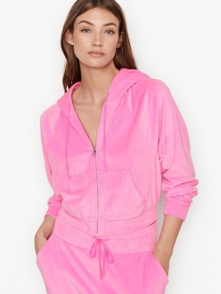 VICTORIA’S SECRET Velour Front-zip Hoodie – bright pink loungewear – zipped hoodies
