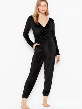 VICTORIA’S SECRET Velour Jumpsuit – black loungewear jumpsuits - flipped