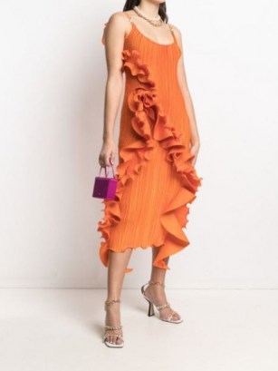 Versace ruffle trim pleated midi dress / orange ruffled slip dresses - flipped