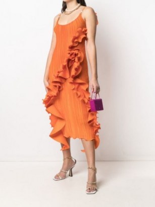 Versace ruffle trim pleated midi dress / orange ruffled slip dresses