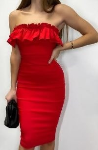 Vesper Emberly Red Frill Bandeau Dress ~ strapless fitted evening dresses ~ bodycon
