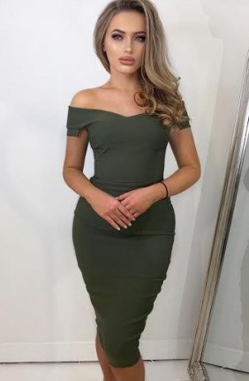 Vesper Marita Olive Midi Bardot Dress ~ green off the shoulder bodycon dresses - flipped
