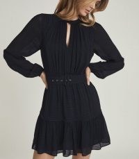 REISS VIENNA TEXTURED LONG SLEEVED MINI DRESS / navy blue gathered detail dresses with a tiered hem and front keyhole cut out