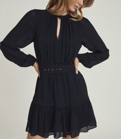 REISS VIENNA TEXTURED LONG SLEEVED MINI DRESS / navy blue gathered detail dresses with a tiered hem and front keyhole cut out
