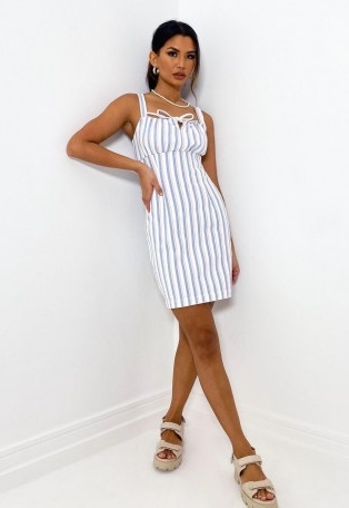 MISSGUIDED white candy stripe denim cami mini dress