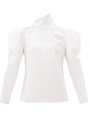 ERDEM Cedric high-neck puff-sleeve cotton-poplin blouse – white vintage style blouses - flipped
