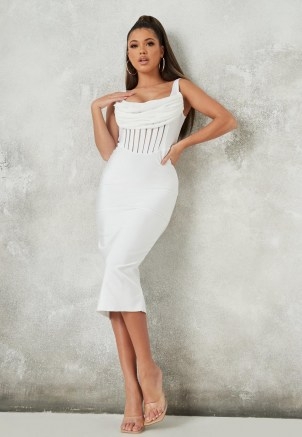 Missguided white corset bandage mesh detail midi dress ~ glamorous going out dresses - flipped