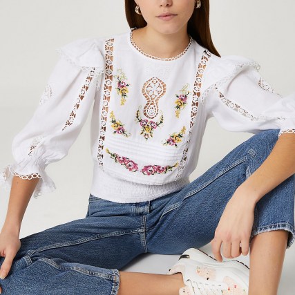 RIVER ISLAND White embroidered frill sleeve blouse top / floral cut-out detail blouses - flipped