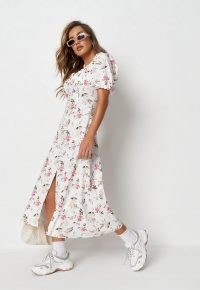 MISSGUIDED white floral milkmaid button front midi dress