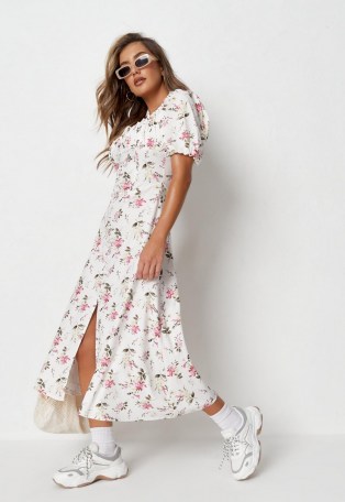 MISSGUIDED white floral milkmaid button front midi dress