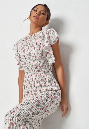MISSGUIDED white floral print shirred midi dress – romantic style ruffle sleeve dresses - flipped