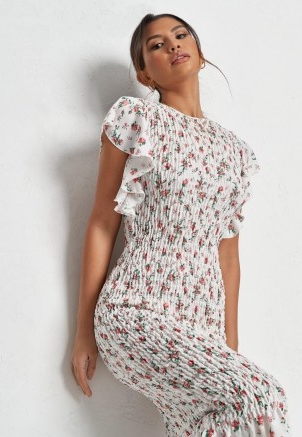 MISSGUIDED white floral print shirred midi dress – romantic style ruffle sleeve dresses