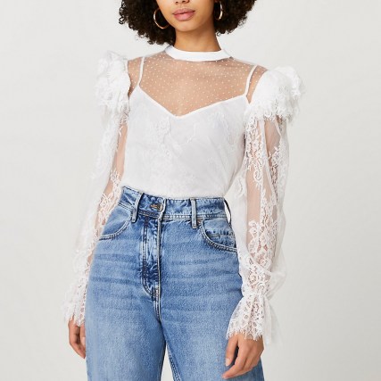 RIVER ISLAND White lace sheer frill blouse top / floral details on long sleeve blouses - flipped