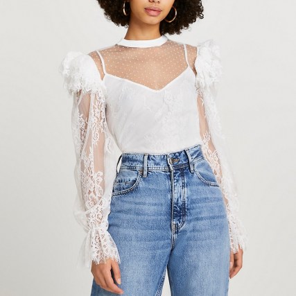 RIVER ISLAND White lace sheer frill blouse top / floral details on long sleeve blouses