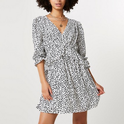River Island White leopard print mini dress – ruffle trimmed dresses - flipped