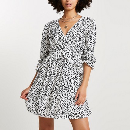 River Island White leopard print mini dress – ruffle trimmed dresses