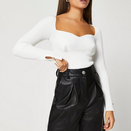 River Island White ribbed long sleeve top | fitted bust tops - flipped