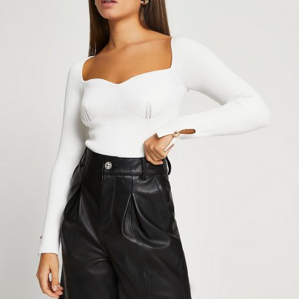 River Island White ribbed long sleeve top | fitted bust tops