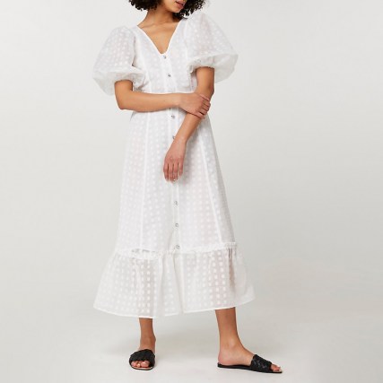 River Island White spot mesh puff sleeve midi dress | frill hem summer dresses - flipped