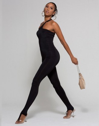 WMNSwear one shoulder lace up back jumpsuit in black ~ bodycon fit all in one with asymmetric neckline - flipped