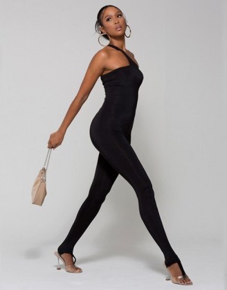 WMNSwear one shoulder lace up back jumpsuit in black ~ bodycon fit all in one with asymmetric neckline