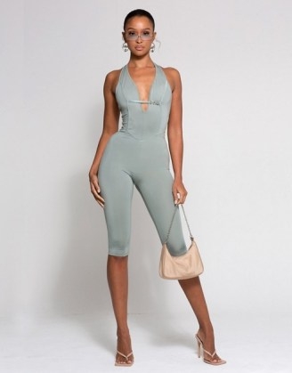 WMNSwear plunge buckle detail halterneck cropped jumpsuit in sage ~ green crop leg all in one with a plunging V-neck and a fitted silhouette