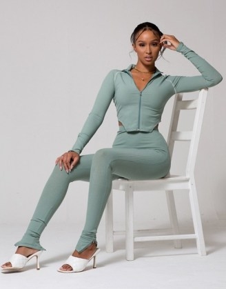 WMNSwear plunge zip front long sleeve top and flared trouser co ord in sage ~ green sporty fashion set with skinny zip-hem trousers and matching crop top - flipped